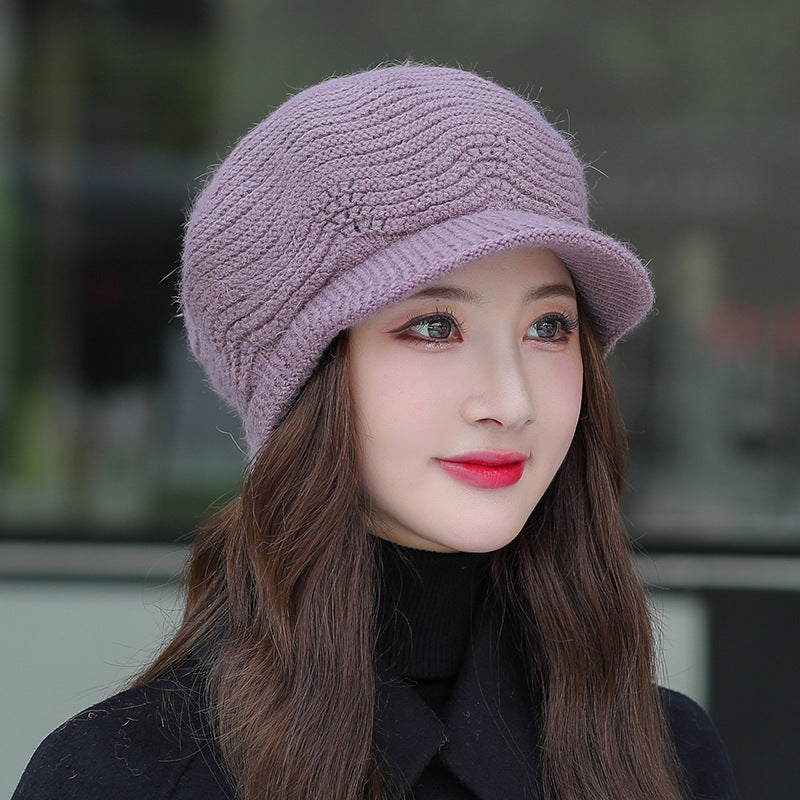 Velvet Solid Color Knitted Rabbit Fur Hat for Women